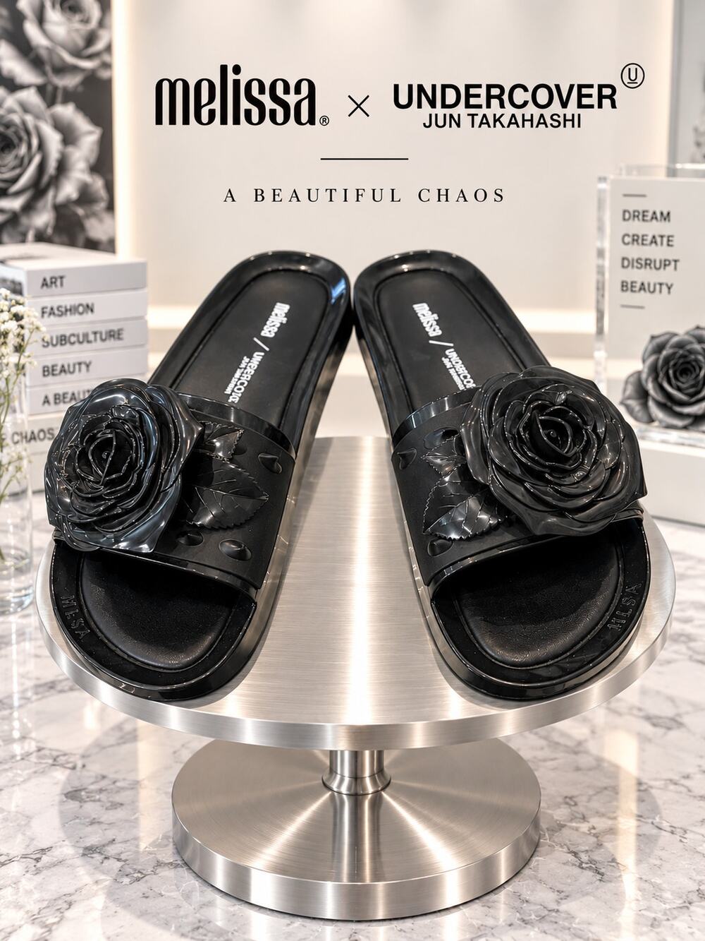 Melissa x UNDERCOVER Spikes Beach Black Rose Slide Sandals Size 9